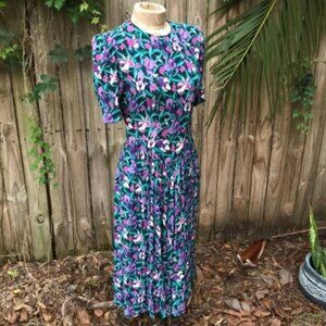🌸 Vintage 80s Bold Floral Midi Dress | Purple, Teal, & Magenta | Small 🌼